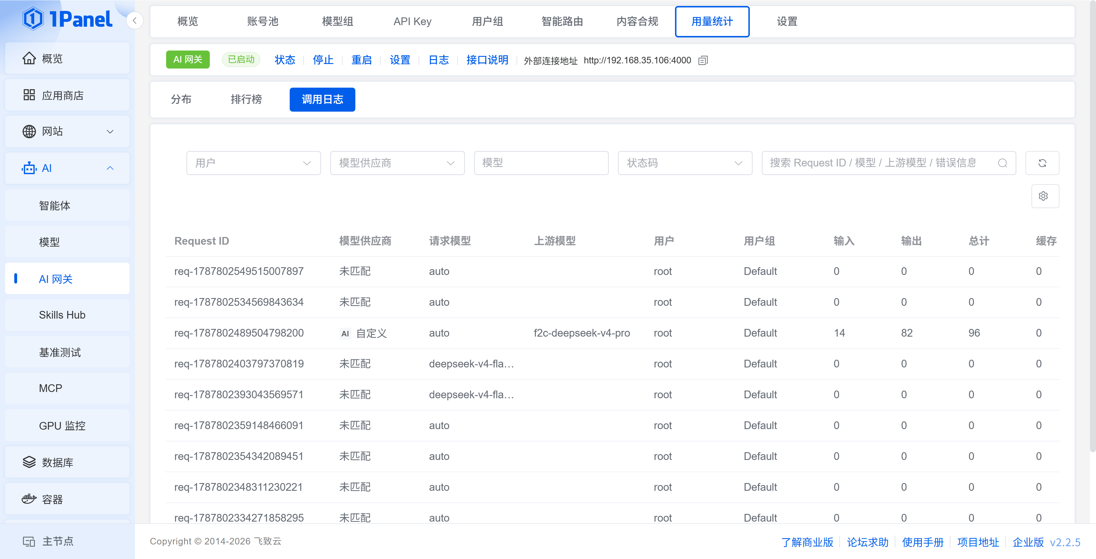 AI 网关用量调用日志
